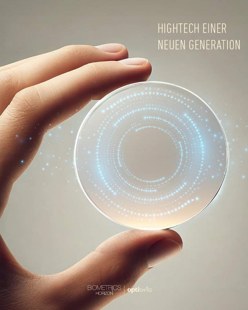 Eine Hand hält ein transparentes, rundes Brillenglas mit digital leuchtenden, punktförmigen Kreisstrukturen. Text: Hightech einer neuen Generation (Biometrics Horizon / Optiswiss).