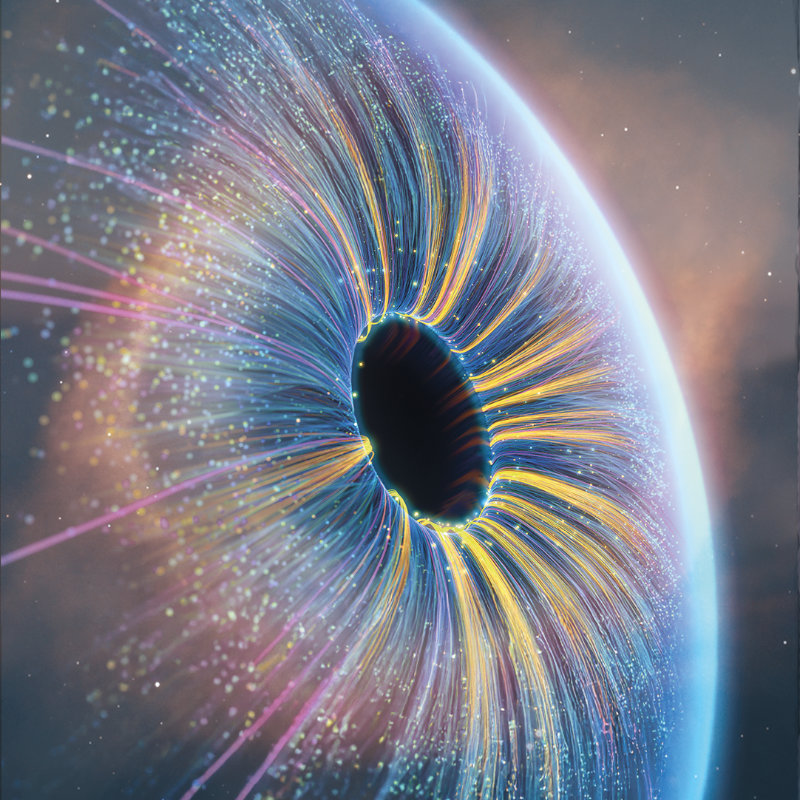 Abstrakte Visualisierung eines Auges aus leuchtenden Datenströmen und bunten Lichtpartikeln, die von der Pupille nach außen strahlen.
